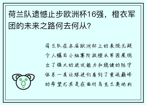 荷兰队遗憾止步欧洲杯16强，橙衣军团的未来之路何去何从？
